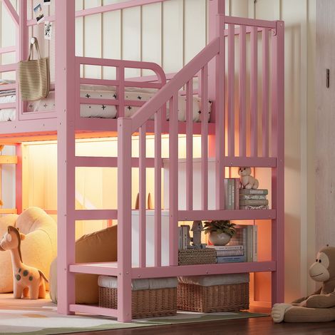 Lit Superposé Enfant 90 x 200 cm structure métal rose forme maison toboggan et escalier rangement intégré (1/5)