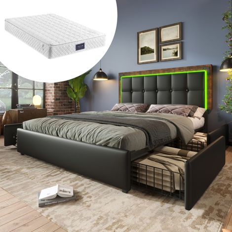 Bettgestell mit LED-Beleuchtungsleiste und 4 Schubladen, Doppelbett Polsterbett 140x200cm, Höhenverstellbarem Kopfteil, Funktionsbett, PU Schwarz (Mit Matratze)
