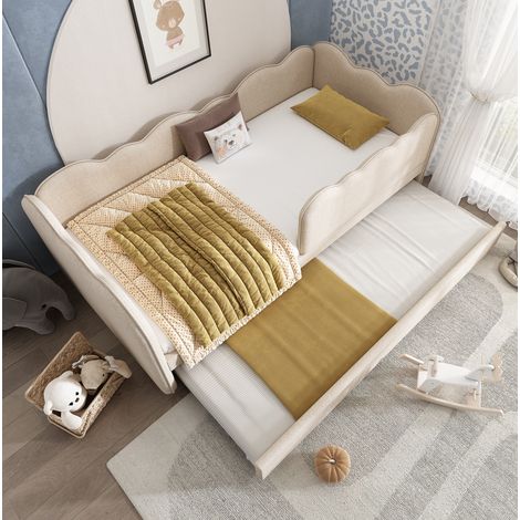 Bett Tagesbett im Wolkendesign aus Leinen Beige 90x190 cm mit Ausziehbett, gepolstertem Kopfteil und Lattenrost (1/5)
