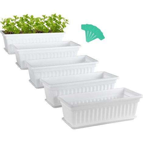 5 Pcs Pots de Fleurs rectangulaires 42,7cm, Support pour Plante avec Plateau, jardinière de Jardinage avec étiquette, boîte de seuil de fenêtre pour Plantes Grasses, Herbes, Fleurs (Blanc)