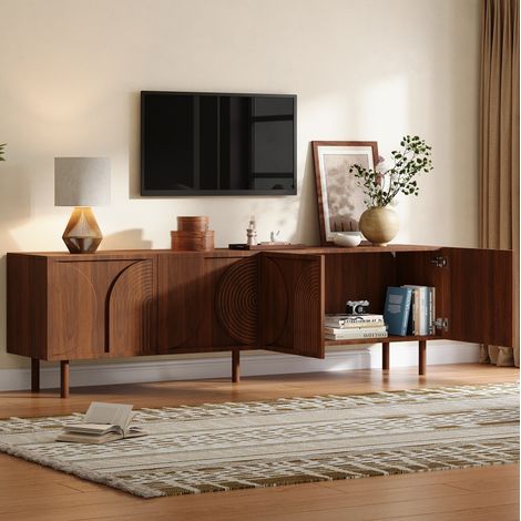 Mobile TV 180x38x56.5 cm, 4 ante, 2 vani, design in rilievo 3D, pannelli in truciolato, color noce (1/5)
