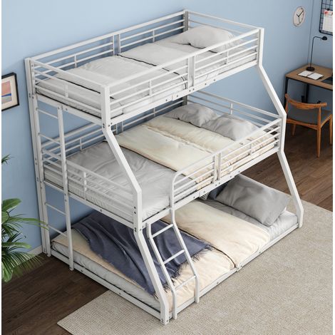 DESVIAE Lit superposé triple métal 90 x 200 cm avec 2 échelles garde corps sécurisé blanc pour enfants adolescents adultes (1/5)
