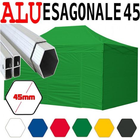 Gazebo 3x4,5 m verde pieghevole alluminio piantone esagonale 45mm portatile estendibile richiudibile estensibile acciaio con laterali per fiere eventi stand chiosco tenda tendone mercato mercatino (1/5)