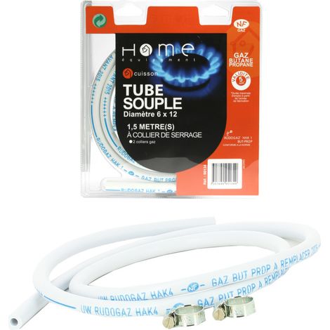 Home Equipement – Tuyau gaz butane 1.50 m – Tube souple caoutchouc – 2 colliers de serrage – Conforme norme XP D 36-110