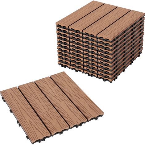 Jiubiaz Lote de 11 baldosas para terraza WPC de 4 listones, 1 m², 30 x 30 cm, baldosas encajables, compuesto de madera, Marrón. (1/5)