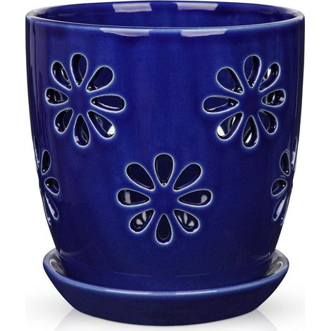 Keramik Pflanztopf 15cm mit Untersetzer, Blau, mit Abflussloch (1/5)