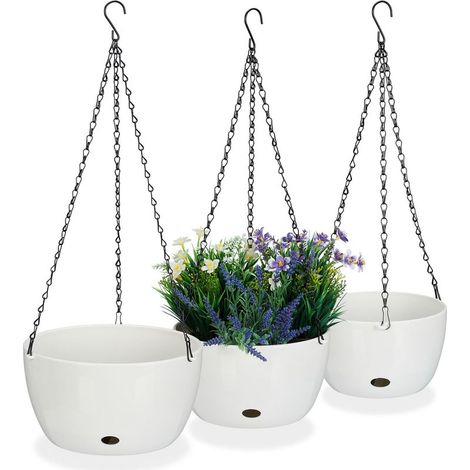 Pots de fleurs suspendus avec réservoir d'eau – Lot de 3 tailles – Trou de drainage – Pour plantes d'intérieur et d'extérieur – Blanc (1/5)