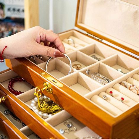 Boîte à bijoux en bois de style vintage, boîte de rangement à bijoux à quatre niveaux -- (1/5)