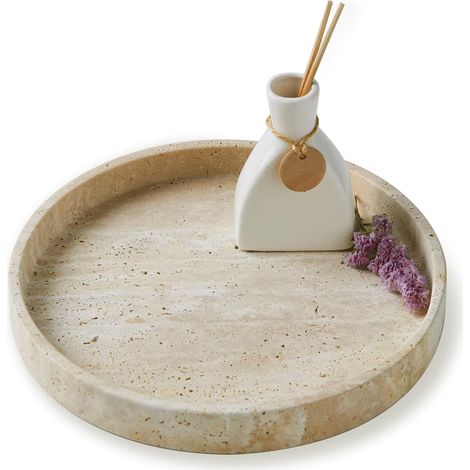 Travertin Plateau de courtoisie en marbre Rond Minimaliste Moderne et décoratif pour Salle de Bain, Cuisine, Table de Chevet, décoration de Table Basse, Porte-Bijoux, Bague, Beige (1/5)