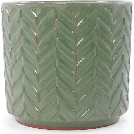 Maceta de cerámica Ø24,5 cm verde salvia brillante, relieve espiga, agujero de drenaje OKMYHOME (1/5)