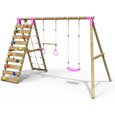 Rebo Wooden Swing Set with Up and Over Climbing Wall - Savannah Pink