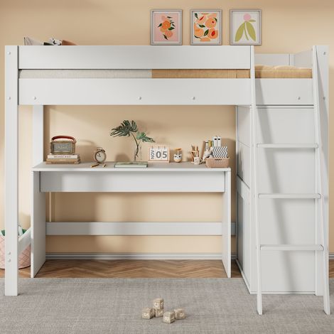 Lit superposé pour enfant 90x200 cm en bois massif blanc, avec bureau intégré, armoire et échelle, modulable, livré sans matelas