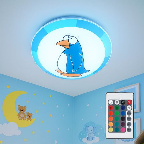 Plafonnier chambre enfants Pingouin Plafonnier enfants bleu Lampe enfants mur plafond, acier verre, télécommande dimmable, 1x RGB LED 8,5W 806Lm blanc chaud, D 25 cm (1/5)