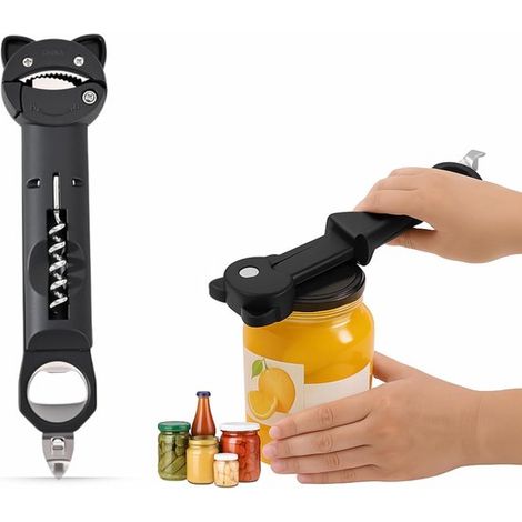 Jarra multifuncional 7 en 1: abrelatas, fácil de usar, con paño de cocina antideslizante, clip magnético para la tapa y color negro (1/5)