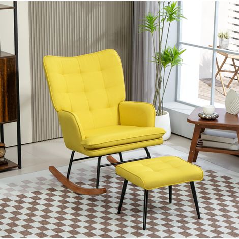 Poltrona a dondolo con poggiapiedi 64x89x90 cm giallo in poliestere con schienale alto e braccioli (1/5)