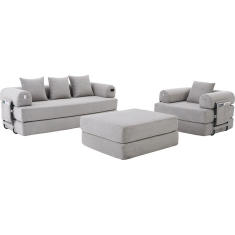 Divano modulare 4 posti in velluto a coste con pouf e cuscini, struttura in metallo, grigio chiaro (1/5)