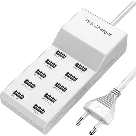 Blanc Chargeur USB multiple, 50 W, station de charge, 10 ports, port unique 5 V/2,4 A/1 A, bloc d'alimentation USB, station de charge (1/5)