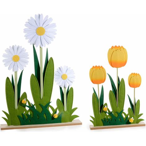 Tris di fiori in panno colorato margherite e tulipani su base in legno con api in set da due pezzi, Grande: cm 50 x 8 x 68 H