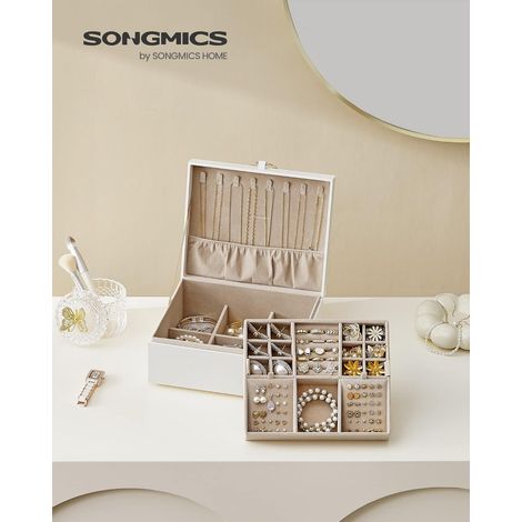SONGMICS Scatola Portagioie a 2 Livelli, Porta Gioielli con Maniglia, Vassoio Rimovibile, Effetto Fluttuante, 20,5 x 24 x 11 cm, Idea Regalo, Bianco (1/5)