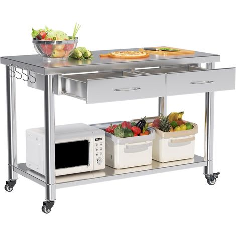 YODOLLA Stainless Steel Table, Kitchen Workbench with 2 Drawers & Wheels 217KG top and 163KG lower shelf capacity, 2 drawers, smooth sliding and 360° swivel casters for flexible kitchen storage. (1/5)