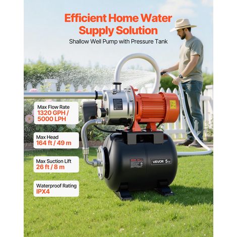 Groupe de Surpression 1176 W 19 L Pompe avec Réservoir de Pression pour Puits Peu Profonds Jardin et Pelouse, 5000 L/h, Tête de Pom… (1/5)