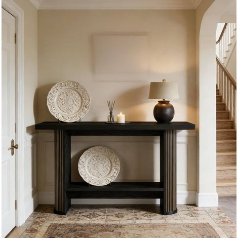 Mesa consola de madera negra, diseño moderno, estrecha y ahorra espacio para entrada y salón (1/5)