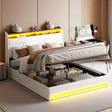 Doppelbett 160x200 - Hydraulischer Stauraum - LED-Beleuchtung 6000+ Farben - Modernes Design - Weiß