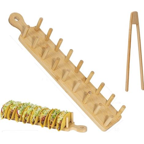 Juego de 2 piezas de soporte para tortillas de bambú - Resistente con asa con clip - Caja de almacenamiento / Plato para servir - 40,64 x 7,11 x 4,83 cm - Color madera natural (1/5)