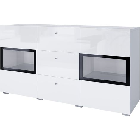 Buffet RAMOS – 2 Glastüren + 3 Schubladen – Farbe glänzend weiß und schwarz – LED nicht enthalten