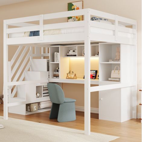 Cama alta 140x200 cm en madera blanca con escalera de almacenaje, escritorio y LED (1/5)