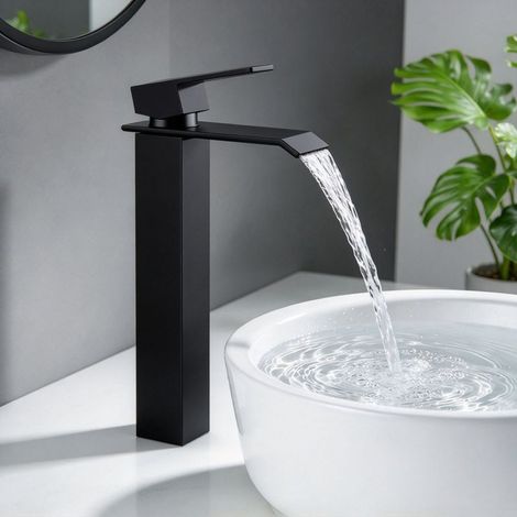 Noir Mitigeur de Lavabo Cascade Robinet Salle de Bain Bec Haut Mitigeur pour Vasque Robinet Lavabo Haut de Gamme Design Moderne (1/5)