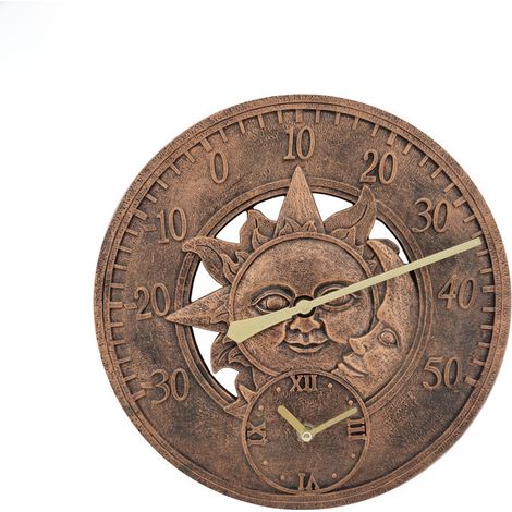 [Amazon-Produktempfehlung] Kreative und wasserdichte Retro-Wanduhr aus Kunstharz mit Thermometer für den Außenbereich (Antikrotkupfer)