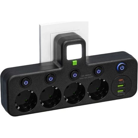 Multiprise Murale avec 4 Prises EU, 2 Ports USB, 1 Port Type C, Interrupteurs Individuels (4 Prises Noir) (1/5)