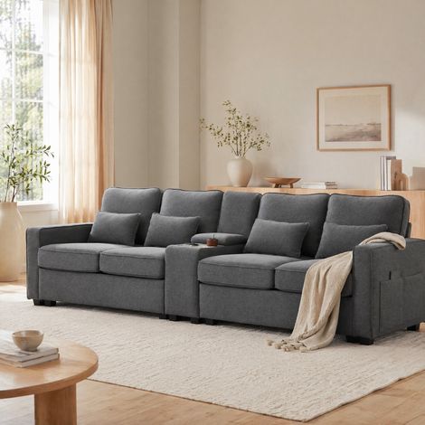 Canapé droit 4 places en tissu lin – 2 porte-gobelets – 2 ports USB – Poches latérales – Dimensions 290x83x88cm – gris (1/5)