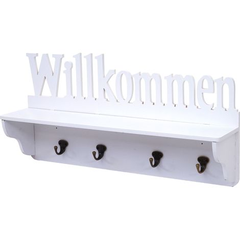 Garderobe murale HWC-D41 Willkommen, planche vestiaire, étagère, 4 crochets massifs 30x60x13cm - blanc (1/4)