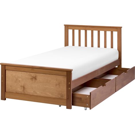 Cama con somier de madera de pino MDF minimalista con almacenaje 2 cajones 90 x 200 cm marrón Olendon
