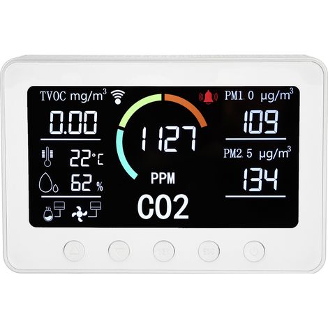 Luftqualitätsmessgerät mit CO₂-, TVOC-, PM2,5-, Temperatur- und PM1,0-Messung, 7-Zoll-Display, 100–240 V Wechselstrom, silberner EU-Stecker (1/5)