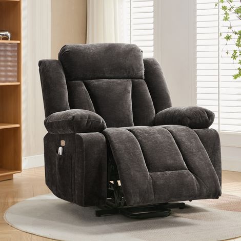 Sillón reclinable eléctrico con función de elevación, 95x94x107 cm, masaje con calefacción USB, tejido marrón (1/5)