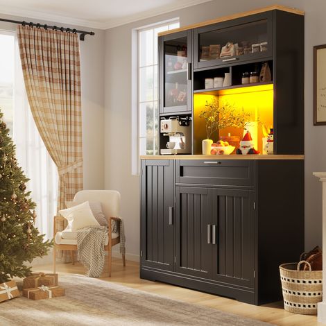 DESMIU Buffet Haut de Cuisine Vitrine LED USB avec 5 Portes et 1 Tiroir pour Cuisine et Salon, Noir, 104 × 40 × 180 cm (1/5)
