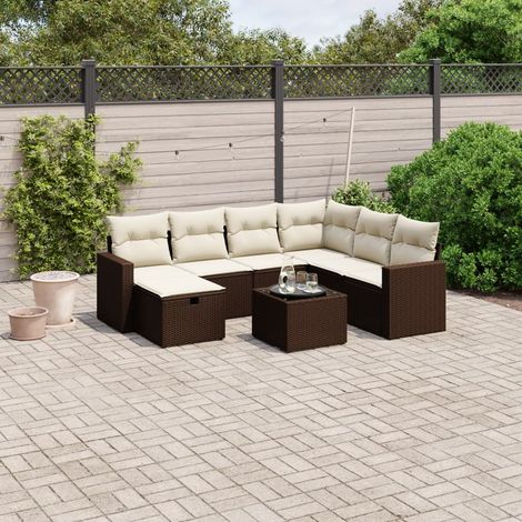 Ensemble Salon Jardin 8 Pièces Résine Tressée Marron avec Coussins et Table Verre Trempé, Modulable et Résistant aux UV, Canapé d'Angle et Sièges (1/4)