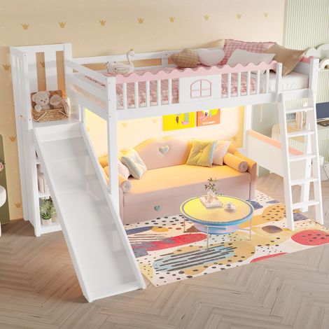 Lit mezzanine enfant 140x200 cm en pin avec toboggan, LED et 3 étagères pour chambre ludique (1/5)