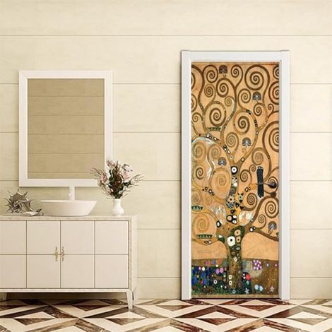 Sticker Porte Trompe l'oeil Effect 3D,L'arbre de vie pour Décoration Mur Salon Cuisine Chambre Salle de Bain Papier Peint 88X200cm (1/4)