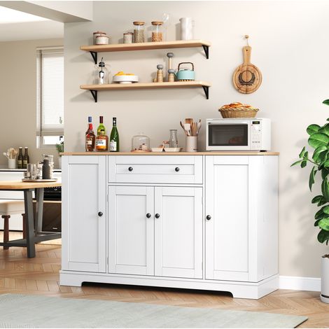 Aparador 138x40x85 cm en paneles de madera blanco y natural con almacenaje para cocina FloraGrace (1/5)