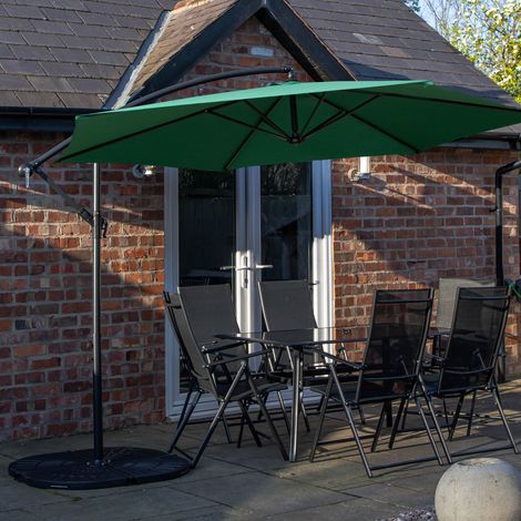Outdoor 6 Person Rectangular Glass Top Garden Dining Table Chairs With Green Banana Parasol and Base Set (1/5)