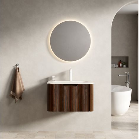 Mueble de baño suspendido 60 cm moderno con lavabo integrado de piedra sinterizada Roma Travertino, 1 cajón LED cierre suave, nogal (1/5)