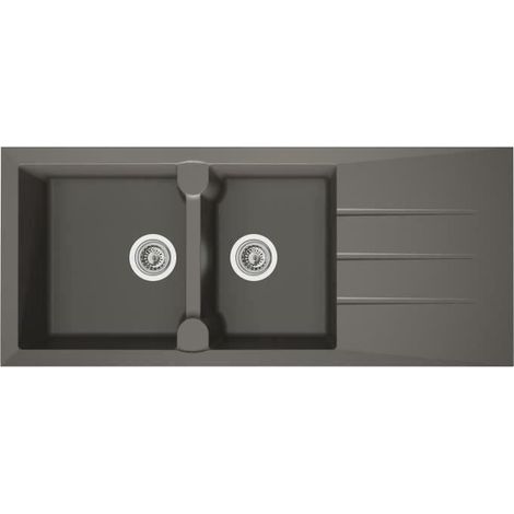 Les Tendances – Évier cuisine à encastrer 2 bacs – 1 égouttoir réversible – Résine gris béton – Dimensions 116 x 50 cm – Vidage manuel Ø90 mm (1/2)