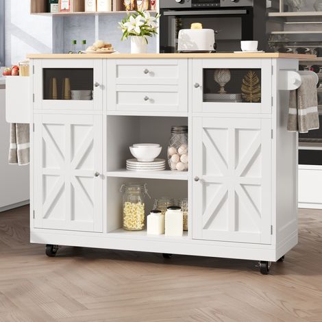 Isla de cocina 140/70/93,5 cm blanca con tablero abatible, ruedas y espacio de almacenaje (1/5)