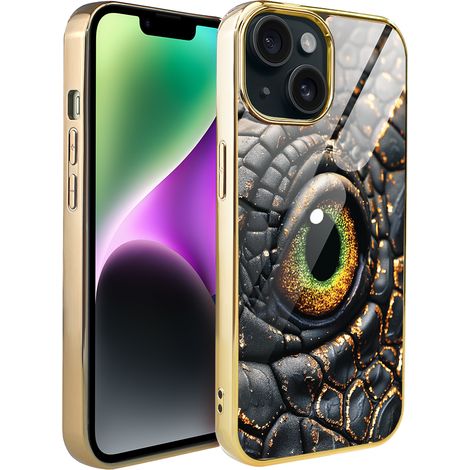 iPhone 14 Ibiza Elite Glashülle, Glasrückseite, Bernstein-Drache, Gold (1/5)