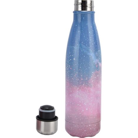 Gourde isotherme en acier inoxydable en forme de cola, idéale pour l'école, les sports de plein air, le camping, la randonnée et les voyages. Motif ciel étoilé rose. (1/5)