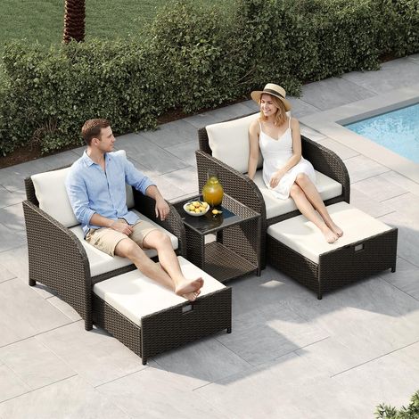 salon de jardin 5 pièces en résine tressée PE, 2 fauteuils + 2 poufs gigognes + table basse rangement, plateau verre trempé, coussins épais – balcon/terrasse Blanc (1/5)